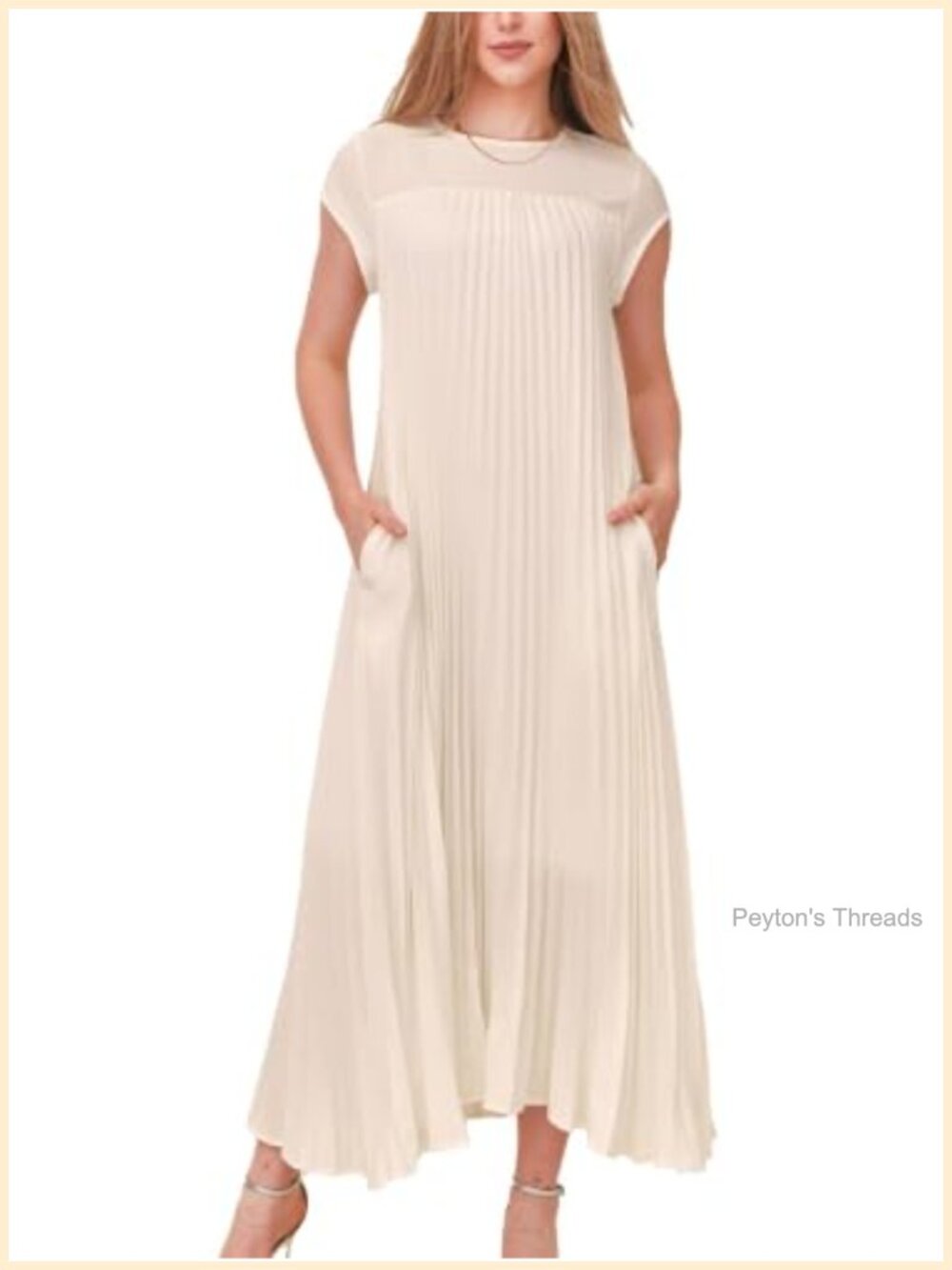 Pleated Maxi Dress Casual Short Sleeve Crewneck Flowy Swing with Pockets